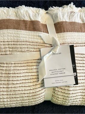 Rejuvenation Organic Cotton Waffle Knit Striped Throw - Cream & Tan - 50” X 70”